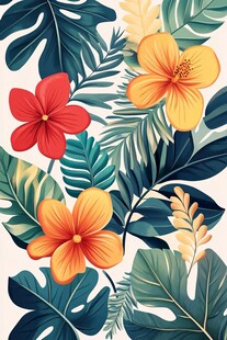 热带花卉与绿叶插画