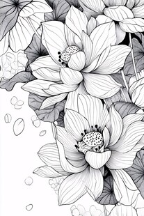 黑白荷花线描花卉图案