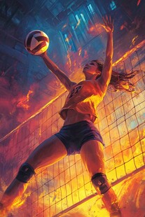 热血女排运动员激情扣球瞬间