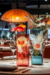 餐厅中的多彩花卉玻璃花瓶