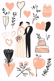 浪漫婚礼元素插画集合