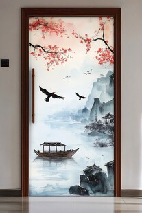 中式山水花鸟入户门壁画