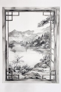 中式窗景山水水墨画