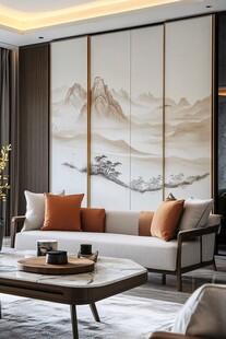 新中式客厅的雅致山水背景墙