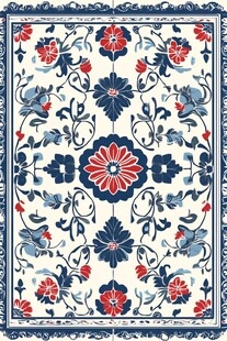 中式蓝红花卉地毯图案设计