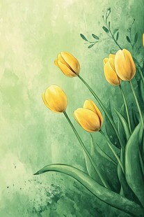 清新绿背景下的黄色郁金香