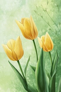 三朵黄郁金香绽放绿意间