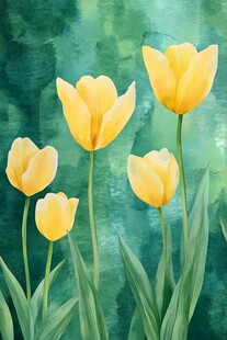 水彩绘黄色郁金香美景