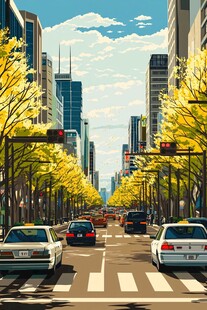 都市秋日繁华街道景象