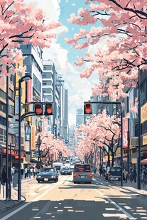 樱花盛开的繁华都市街道