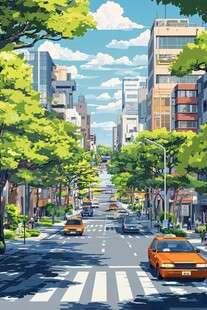 城市绿荫街道的清新景象