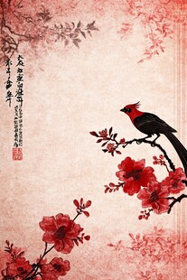中式花鸟图 枝头灵鸟映繁花
