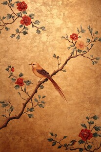 枝头栖鸟花卉复古壁画