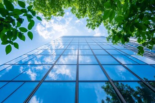 仰视玻璃高楼与葱郁绿叶