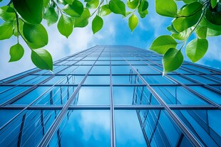 绿叶映衬下的现代摩天大楼