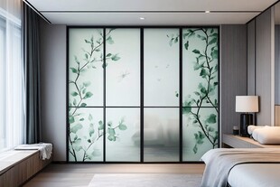 新中式卧室玻璃花鸟移门