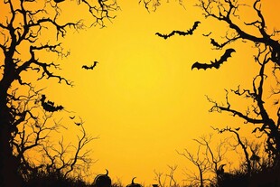 万圣节黄昏下的蝙蝠与枯树