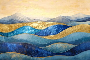 金色蓝调山川抽象艺术画