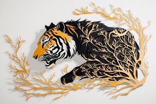 立体剪纸老虎与金色枝叶