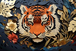 纸艺老虎 花卉环绕的王者