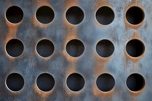 生锈钢板上的圆形孔洞