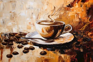 艺术风咖啡杯与散落咖啡豆