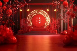 中式婚礼喜庆红色舞台场景