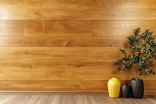 木质墙面旁的盆栽与花瓶