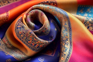 多彩花纹丝绸围巾特写