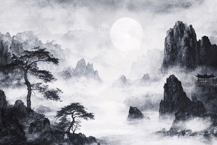 水墨山水月夜图