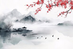 水墨山水间红梅飞鸟图景