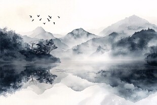 水墨山水间飞鸟映湖景