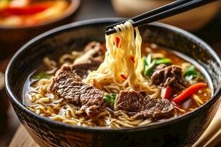 美味牛肉拉面诱人瞬间