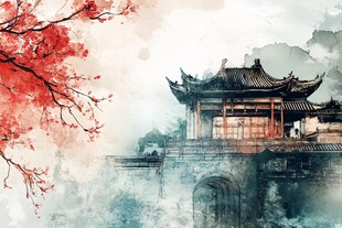 水墨古风 亭台与烂漫红梅