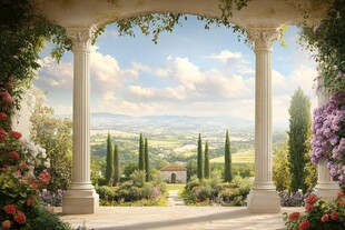 浪漫花园拱门远眺田园美景