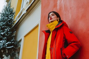 红衣女子倚墙的冬日风采