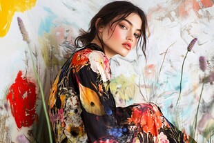 彩绘背景下的时尚花卉女郎