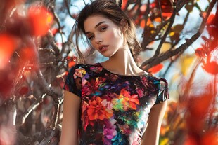 秋日花丛中的时尚女郎