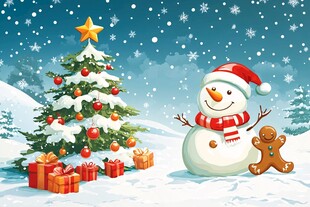 欢乐圣诞雪景与可爱雪人