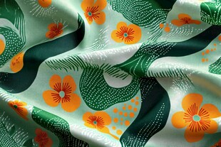 绿底花卉波纹图案织物