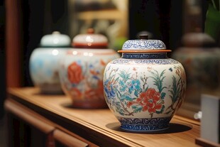 精美传统花纹陶瓷罐陈列