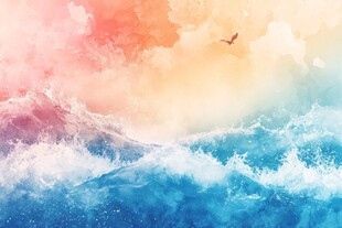 梦幻海浪与天际飞鸟图景