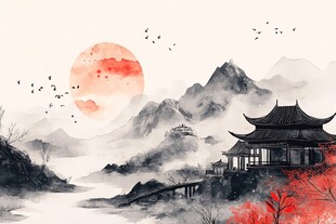 水墨山水间的古韵楼阁