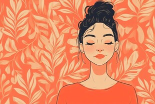 闭眼女子置身叶间插画