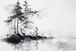 水墨风格的树木与球形景观