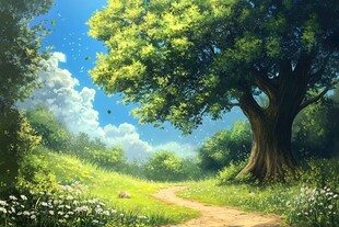 林间小径旁的葱郁大树