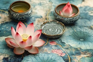 中式莲花禅意茶具静物图
