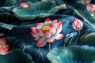 中式荷花图案丝绸布料