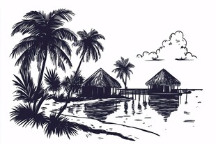 海边茅草屋与棕榈树风景