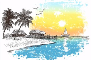 海滨落日下的惬意小景